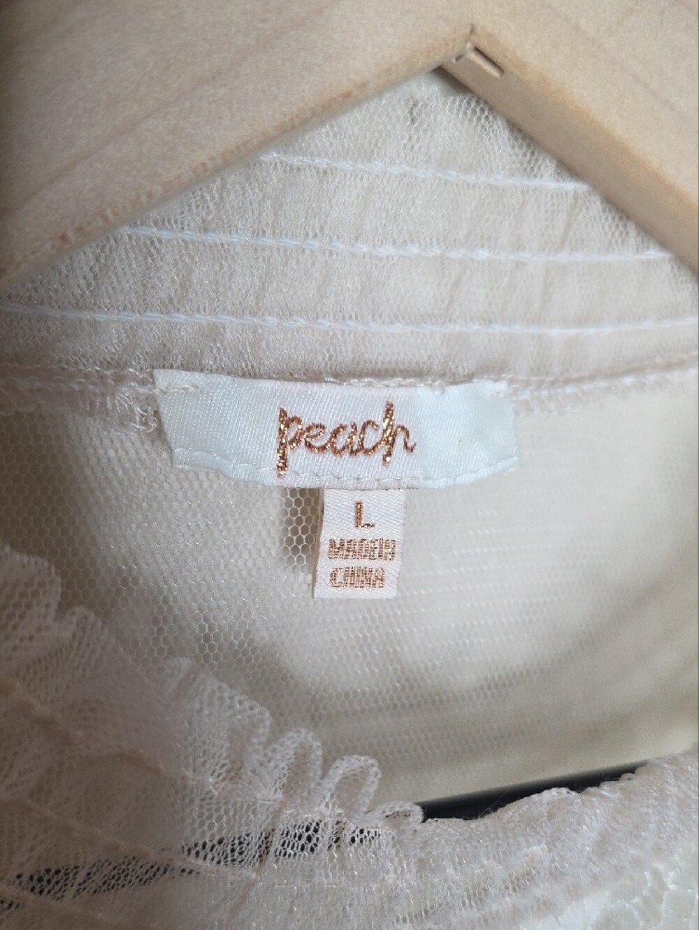 A.Peach Sheer Lace Blouse Top L Cream Mock Neck Balloon Sleeve Romantic Boho - Picture 4 of 12